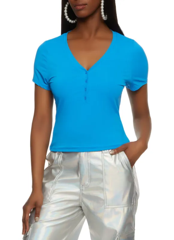 Short Sleeve V Neck Half Button Top sold by Rainbow