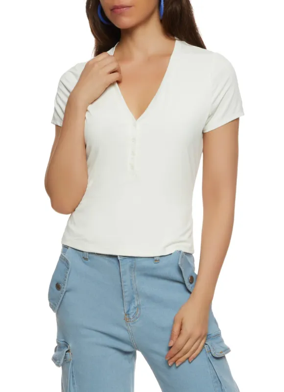 Short Sleeve V Neck Half Button Top sold by Rainbow