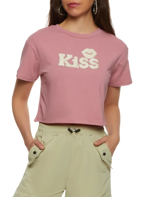 Rhinestone Kiss Cropped T Shirt sold by Rainbow