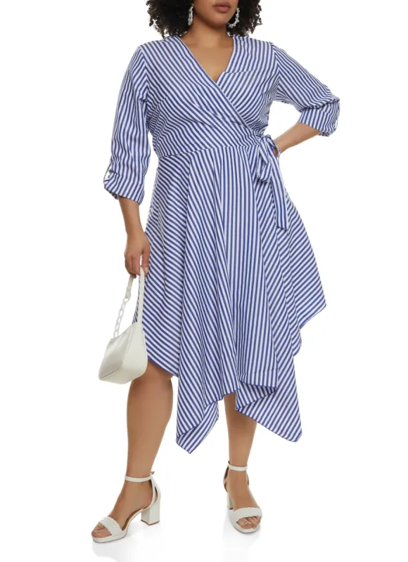 Plus Size Striped Side Tie Faux Wrap Dress made by Rainbow