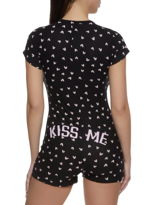 Kiss Me Heart Print Pajama Romper sold by Rainbow