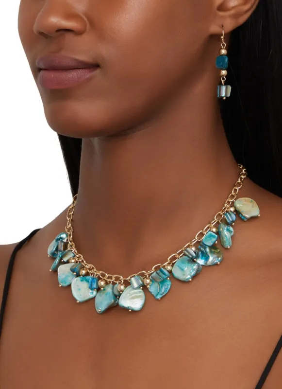 Iridescent Shell Beaded Necklace and Drop Earrings sold by Rainbow