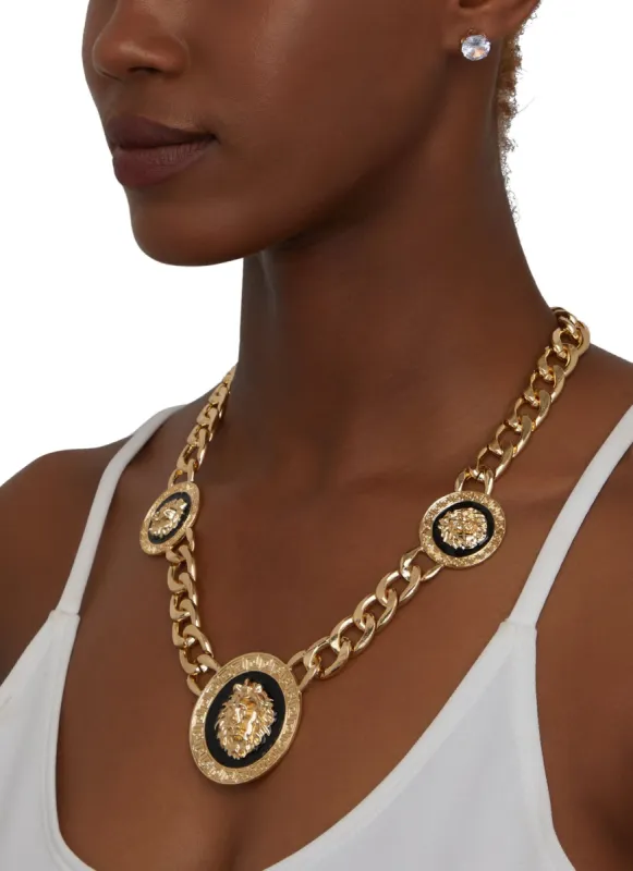 Lion Medallion Curb Chain Necklace and Cubic Zirconia Stud Earrings sold by Rainbow