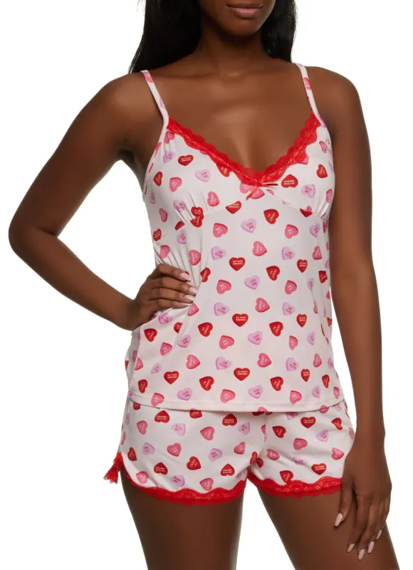 Lace Trim Heart Candy Graphic Pajama Cami and Shorts sold by Rainbow