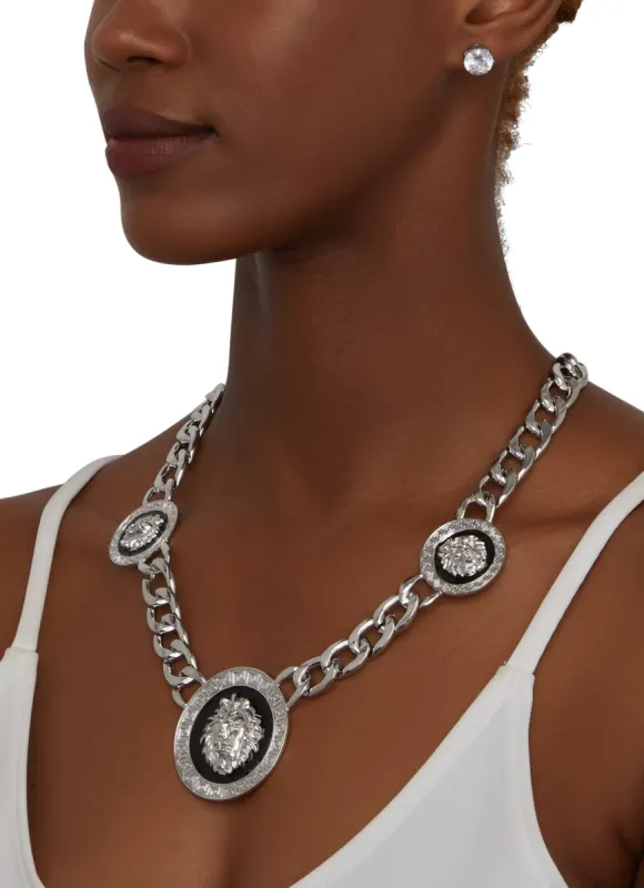 Lion Medallion Curb Chain Necklace and Cubic Zirconia Stud Earrings sold by Rainbow