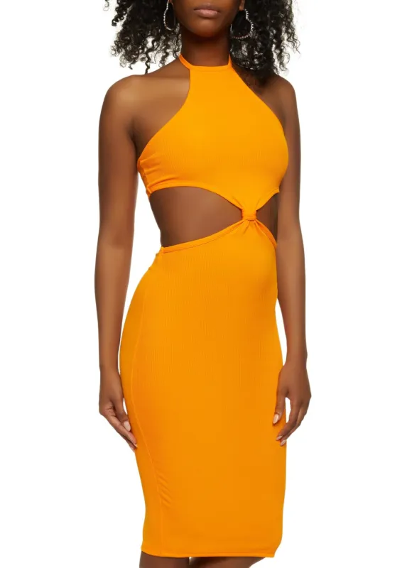 Halter Cut Out Knot Detail Midi Dress sold by Rainbow