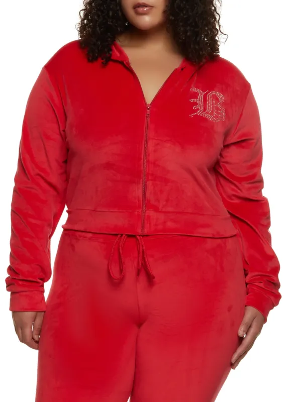 Plus Size B Initial Rhinestone Studded Hoodie sold by Rainbow