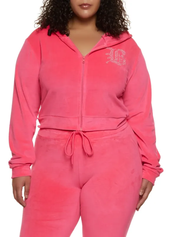 Plus Size B Initial Rhinestone Studded Hoodie sold by Rainbow