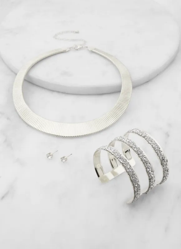 Metallic Choker Necklace with Bracelet and Cubic Zirconia Stud Earrings sold by Rainbow