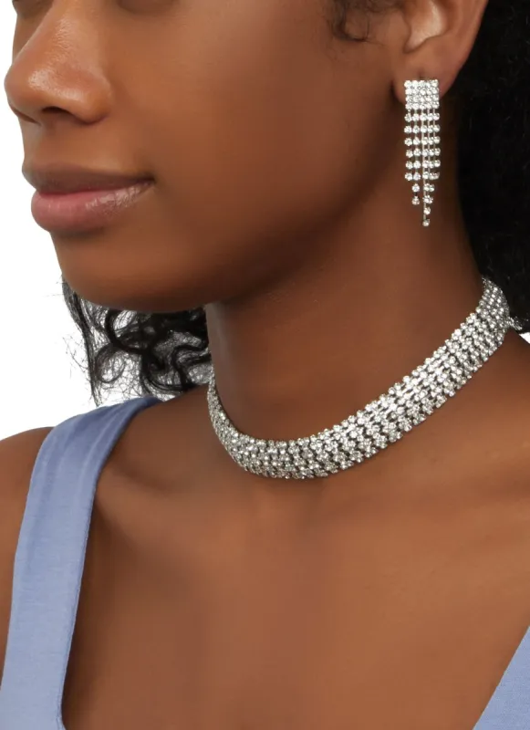Rhinestone Choker Necklace and Fringe Earring Set sold by Rainbow