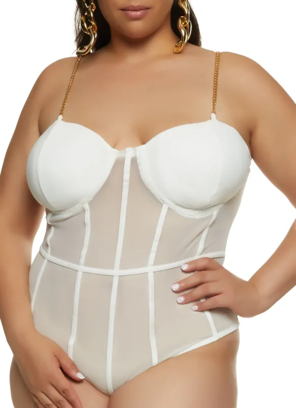 Plus Size Chain Strap Mesh Bustier Bodysuit sold by Rainbow