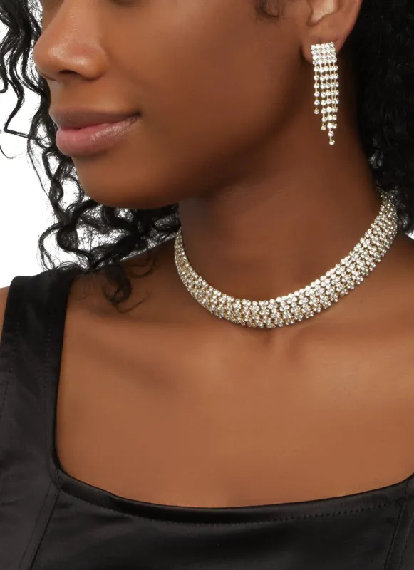 Rhinestone Choker Necklace and Fringe Earring Set sold by Rainbow