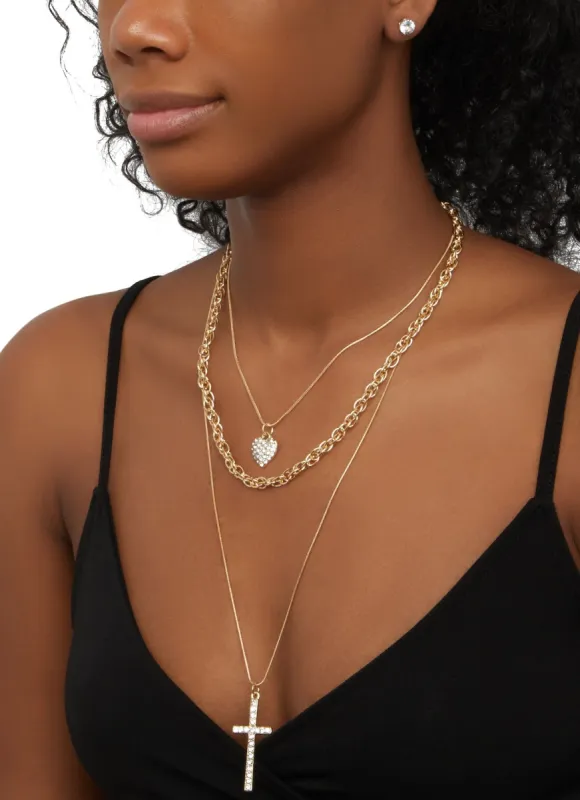 Rhinestone Heart Cross Layered Necklace and Stud Earring Set sold by Rainbow