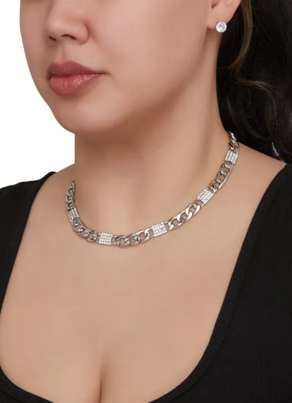 Rhinestone Curb Chain Necklace and Cubic Zirconia Stud Earrings sold by Rainbow