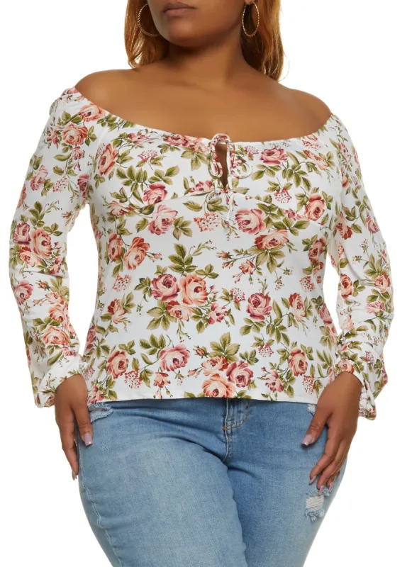 Plus Size Floral Print Off the Shoulder Peasant Top sold by Rainbow
