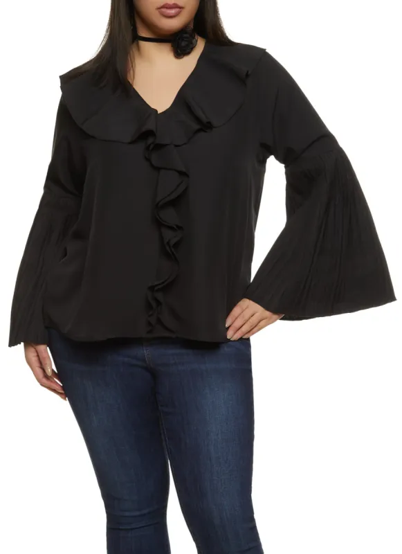 Plus Size Pleated Bell Sleeve Ruffle Front Blouse sold by Rainbow