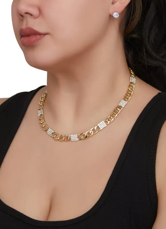 Rhinestone Curb Chain Necklace and Cubic Zirconia Stud Earrings sold by Rainbow