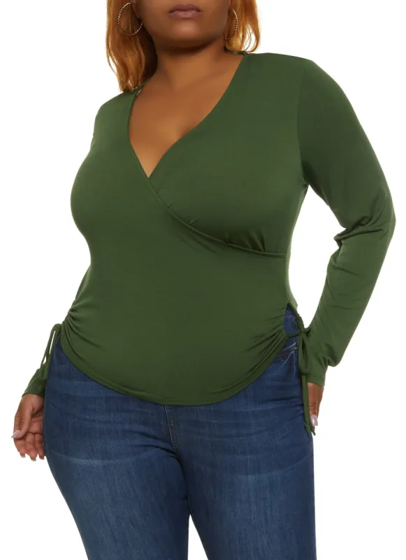 Plus Size Faux Wrap Keyhole Ruched Side Top sold by Rainbow