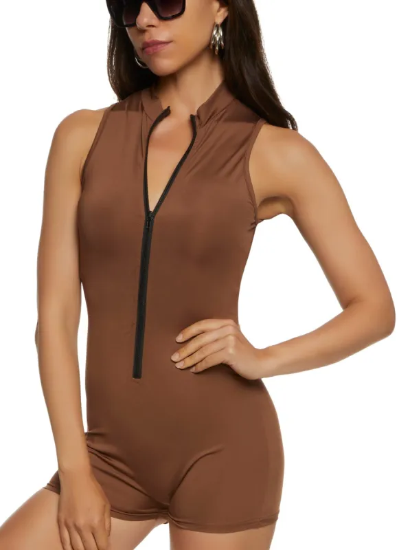 Zip Front Mock Neck Romper sold by Rainbow