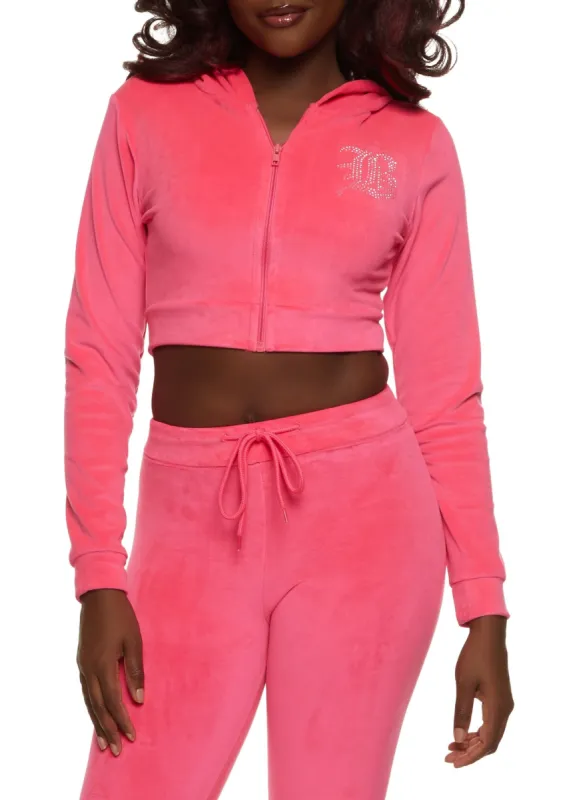 B Initial Rhinestone Velour Cropped Hoodie made by Rainbow