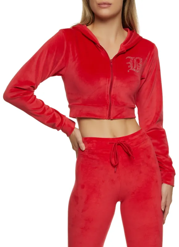 B Initial Rhinestone Velour Cropped Hoodie sold by Rainbow