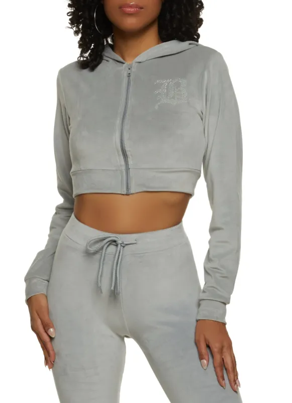 B Initial Rhinestone Velour Cropped Hoodie made by Rainbow