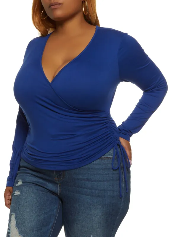 Plus Size Faux Wrap Ruched Side Top sold by Rainbow