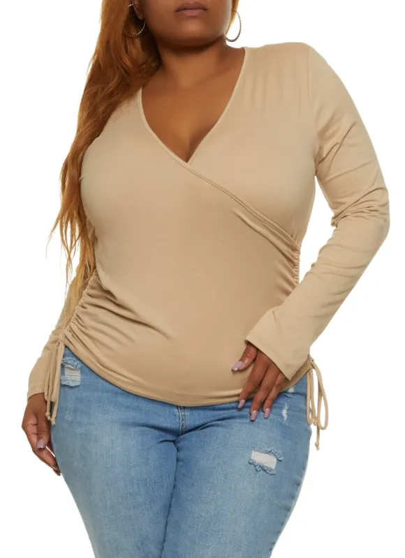 Plus Size Faux Wrap Ruched Side Top sold by Rainbow