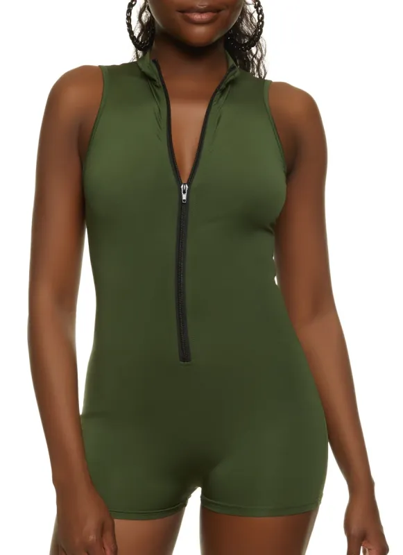 Zip Front Mock Neck Romper sold by Rainbow