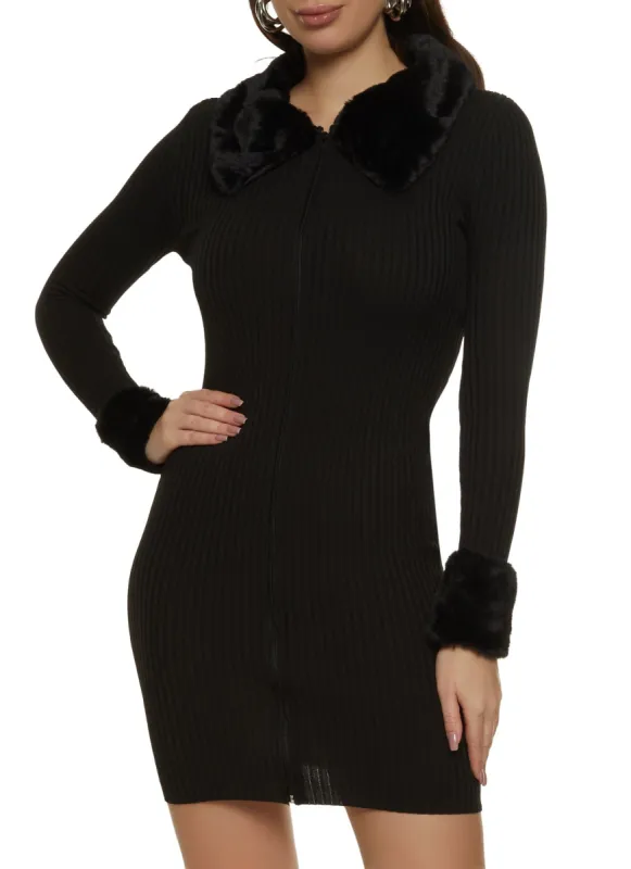 Faux Fur Trim Zip Front Sweater Dress sold by Rainbow