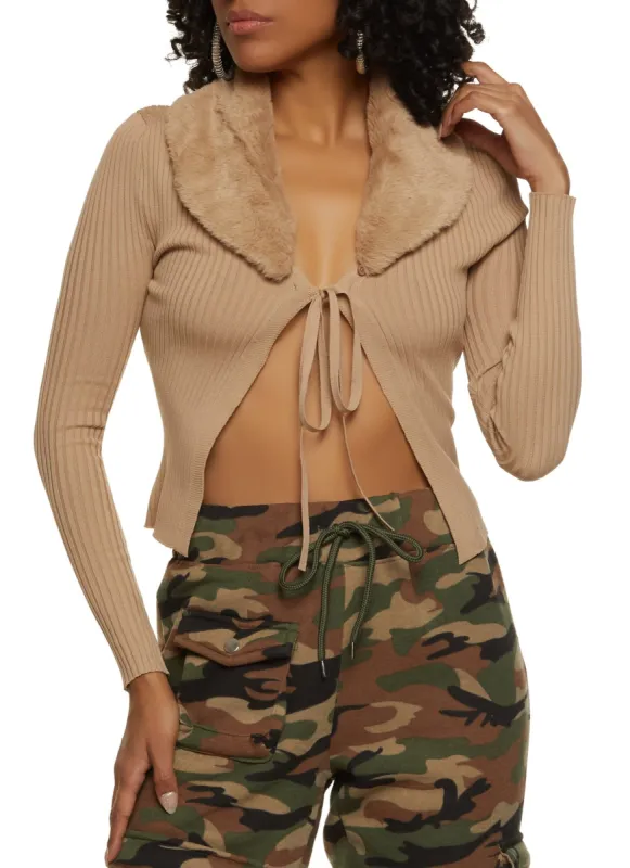 Ribbed Knit Faux Fur Collar Tie Front Cardigan sold by Rainbow