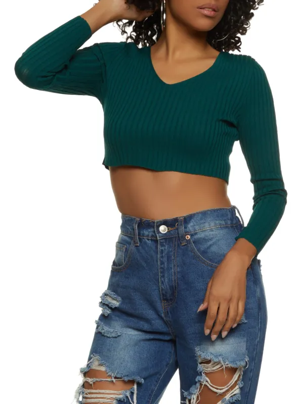 Double V Neck Ribbed Knit Long Sleeve Crop Top sold by Rainbow