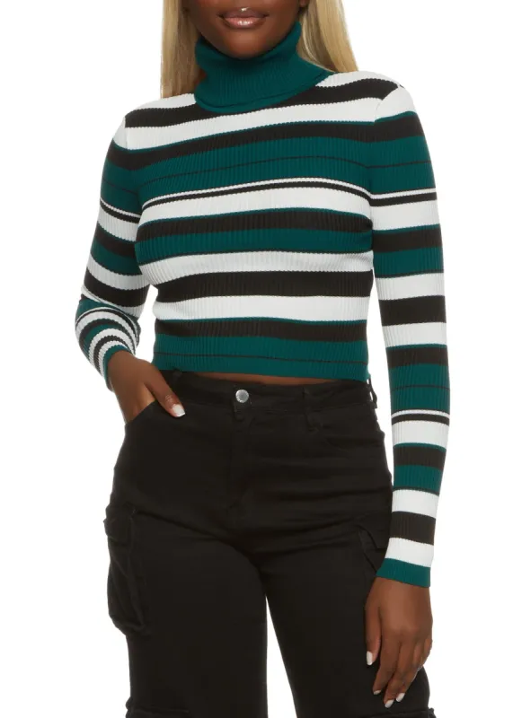 Ribbed Knit Striped Turtleneck Crop Top sold by Rainbow