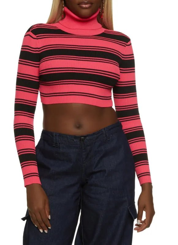 Striped Ribbed Knit Turtleneck Crop Top sold by Rainbow
