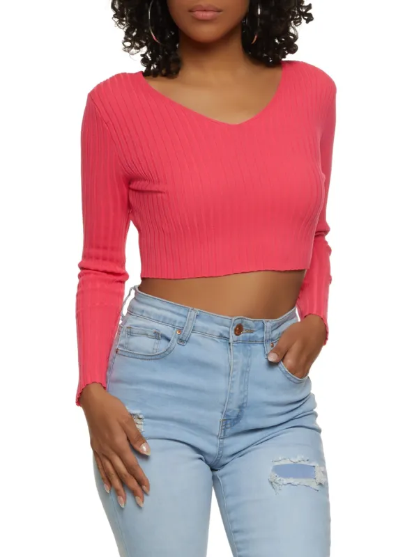 Double V Neck Ribbed Knit Long Sleeve Crop Top sold by Rainbow