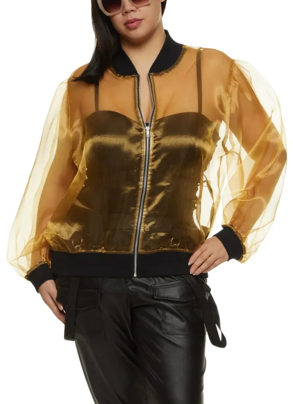 Plus Size Organza Zip Front Bomber Jacket sold by Rainbow