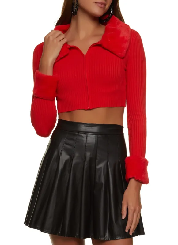 Faux Fur Trim Zip Front Crop Top sold by Rainbow