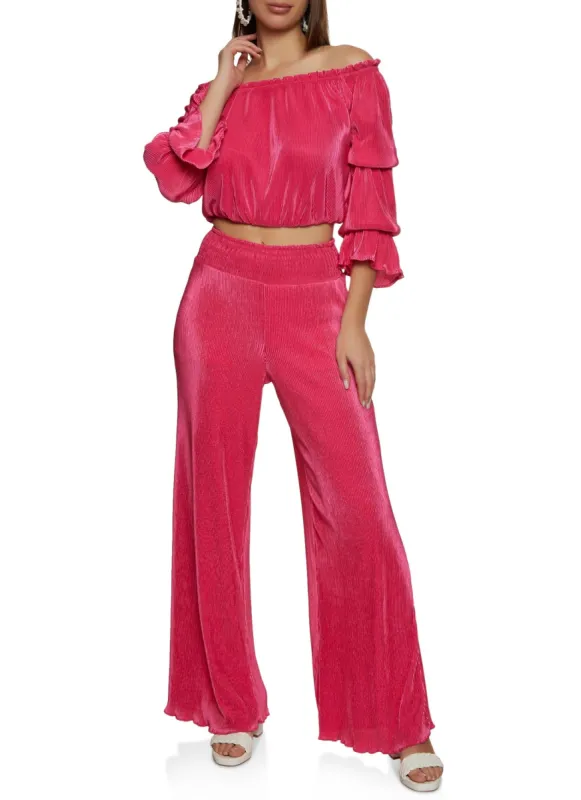 Off the Shoulder Top and Smocked Waist Palazzo Pants sold by Rainbow