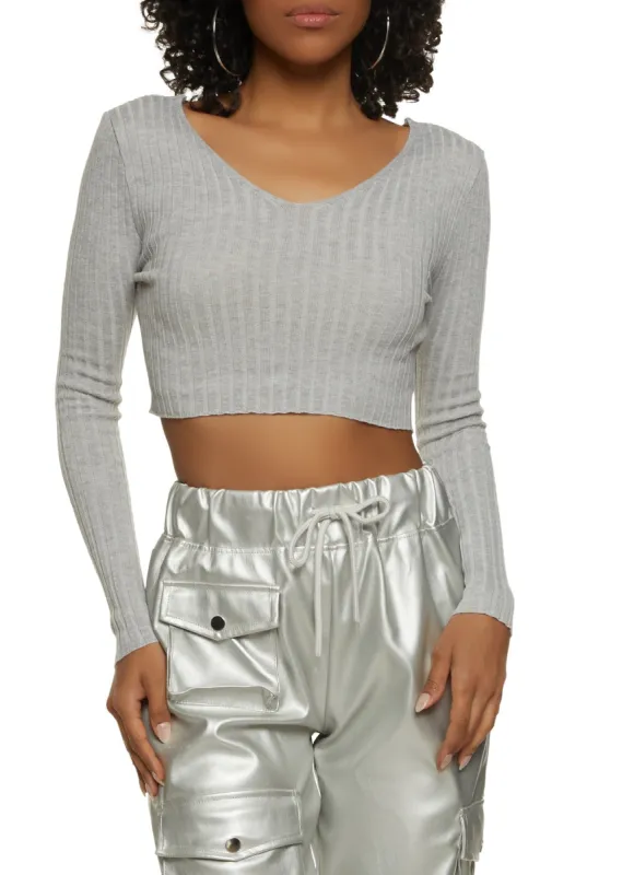 Double V Neck Ribbed Knit Long Sleeve Crop Top sold by Rainbow