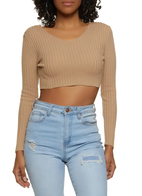 Double V Neck Ribbed Knit Long Sleeve Crop Top sold by Rainbow
