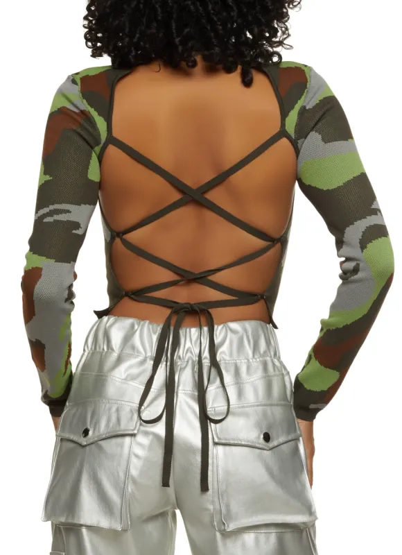 Camo Lace Up Back Crop Top sold by Rainbow