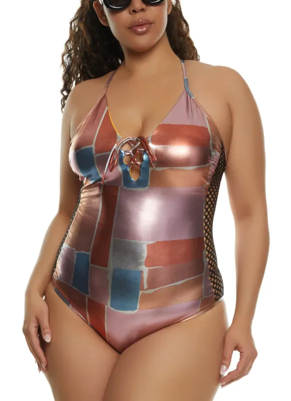 Plus Size Metallic Fishnet Side Criss Cross Back One Piece Swimsuit sold by Rainbow