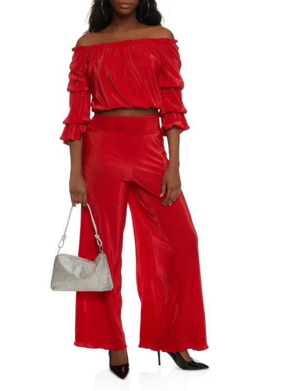 Off the Shoulder Top and Smocked Waist Palazzo Pants sold by Rainbow