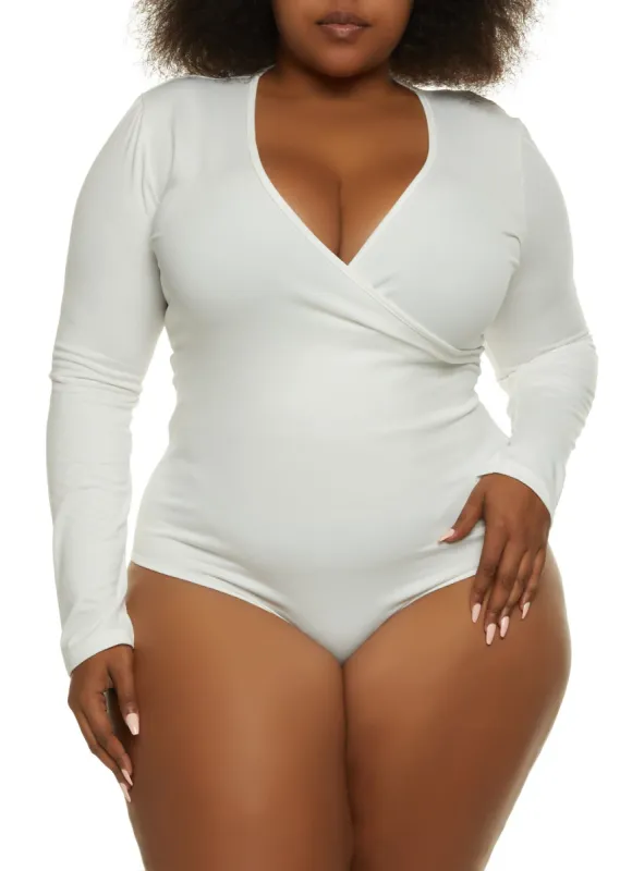 Plus Size Faux Wrap Basic Bodysuit sold by Rainbow