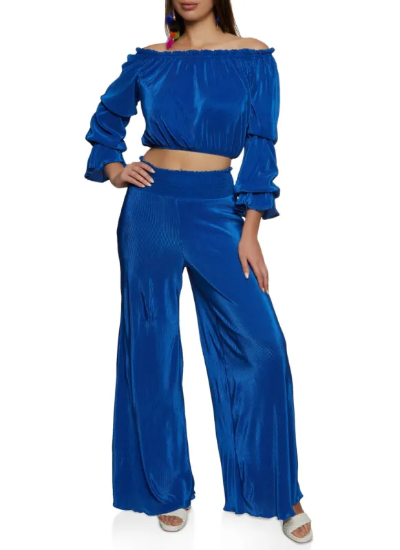 Off the Shoulder Top and Smocked Waist Palazzo Pants sold by Rainbow