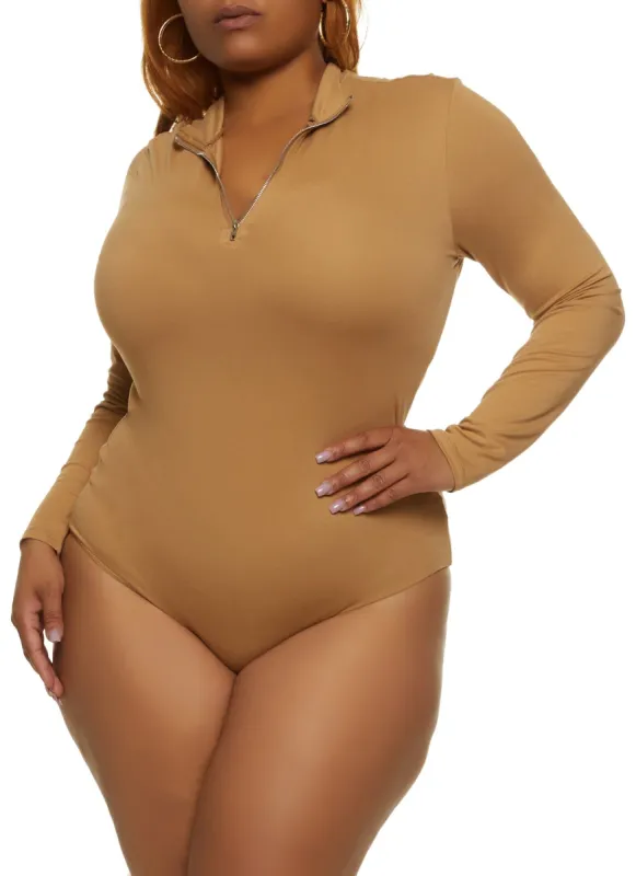 Plus Size Zip Neck Long Sleeve Bodysuit sold by Rainbow