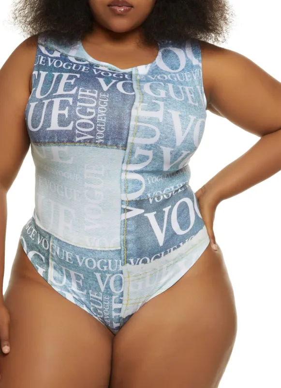Plus Size Vogue Denim Graphic Bodysuit sold by Rainbow