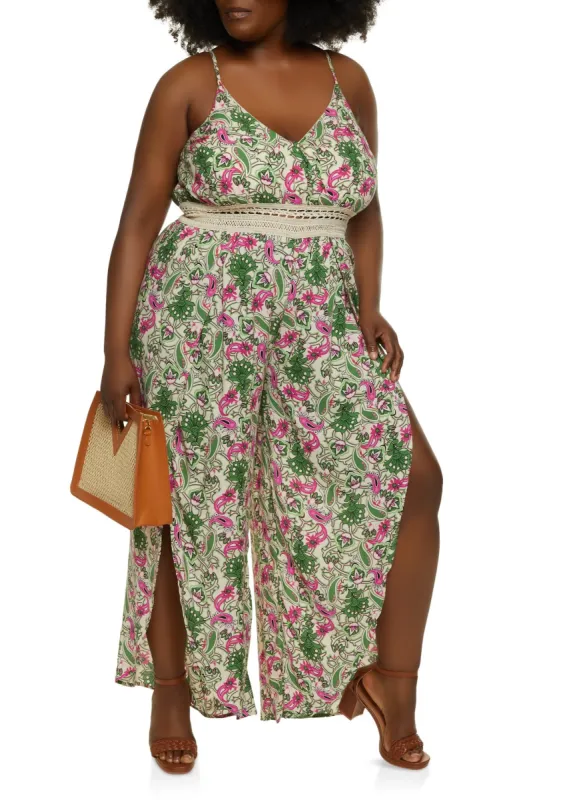 Plus Size Tropical Crochet Waist Split Leg Jumpsuit sold by Rainbow