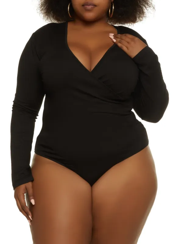 Plus Size Faux Wrap Basic Bodysuit sold by Rainbow