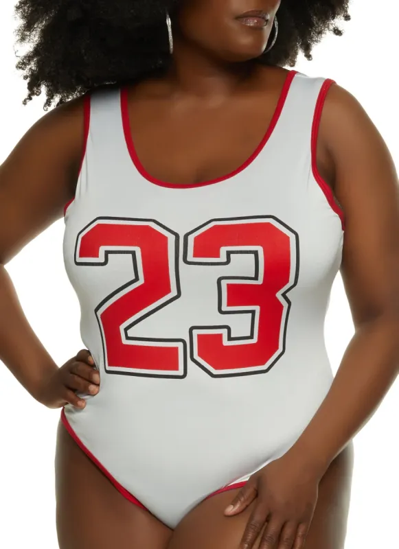 Plus Size Contrast Trim 23 Graphic Bodysuit sold by Rainbow